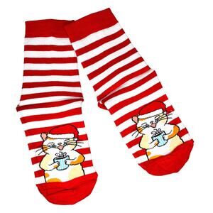 Red White Striped Christmas Cat Novelty Socks - NIP